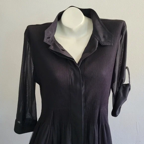 Lindi Tunic Top Black Mixed Media Button Up 3/4 Roll Tab Sleeve Flowy Lagenlook - Picture 4 of 12